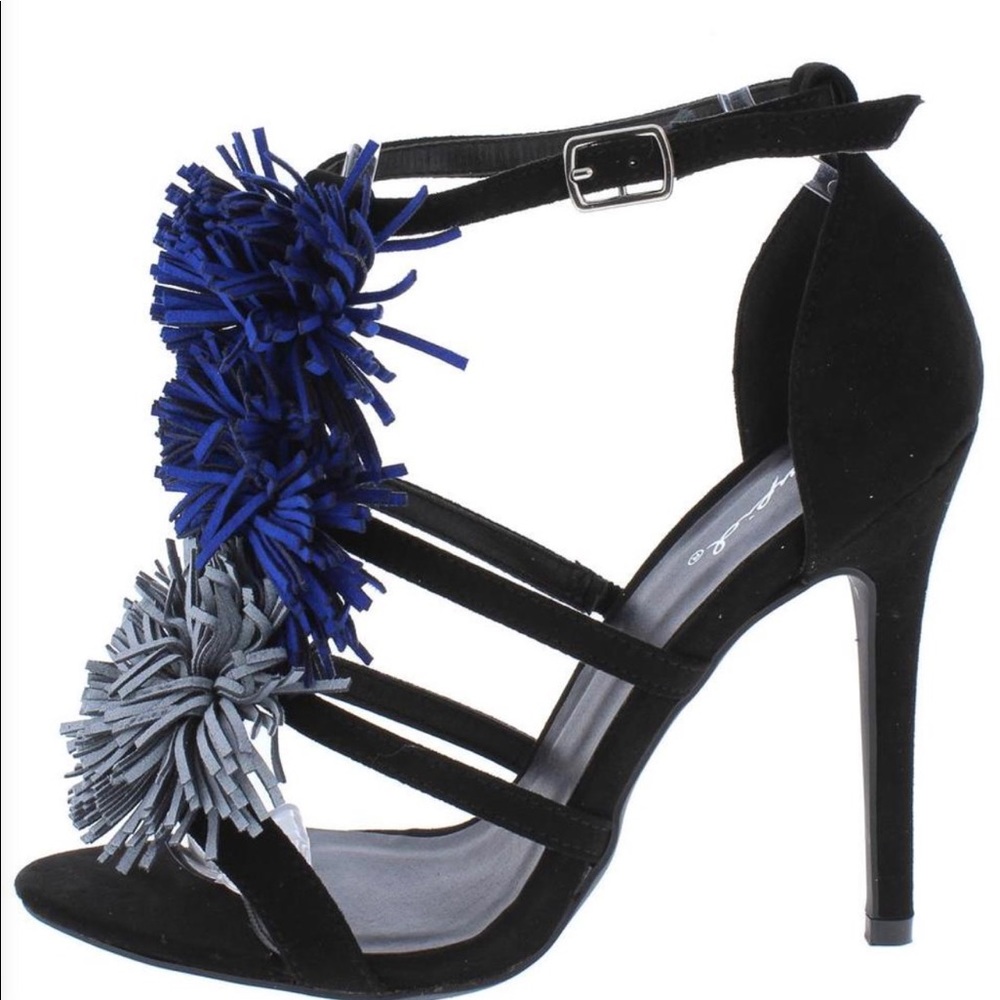 Cupid black suede open toe strappy Pom Pom heel